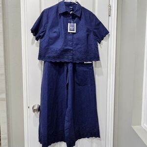 Roller Rabbit Matching Set Navy Embroidered Scallop Cropped Top, Wide Pant Sz XS